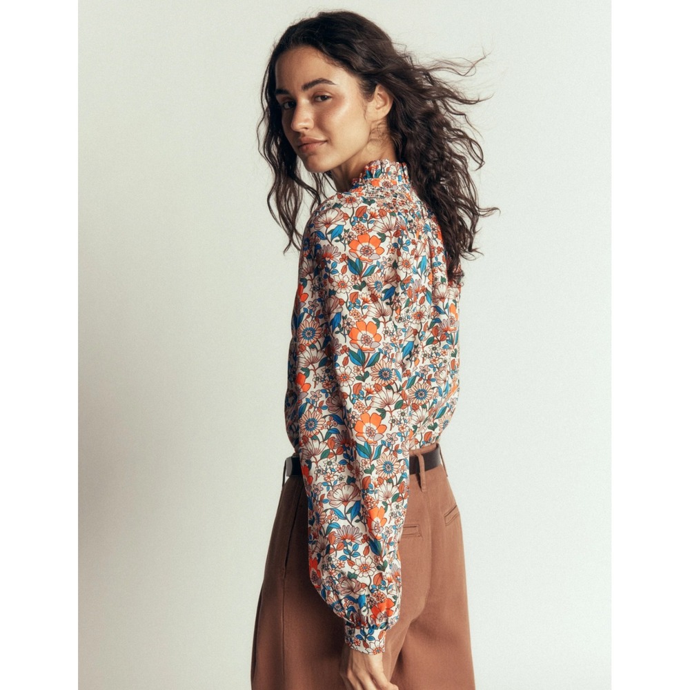Boden Erica Cotton Frill Top Floral Ruffle Neck Blouse Orange Teal US 0 UK 4 - Picture 2 of 6